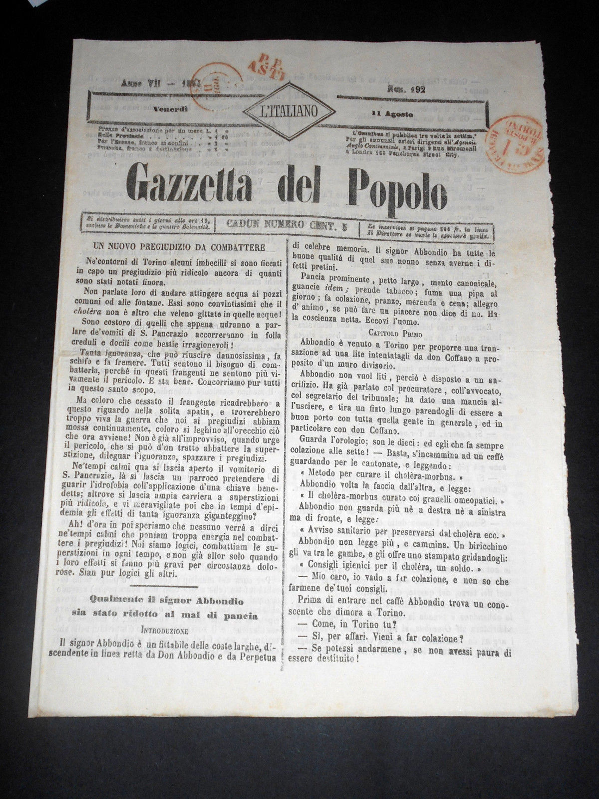 Risorgimento Cavour Torino - Giornale Gazzetta del Popolo n° 192 …