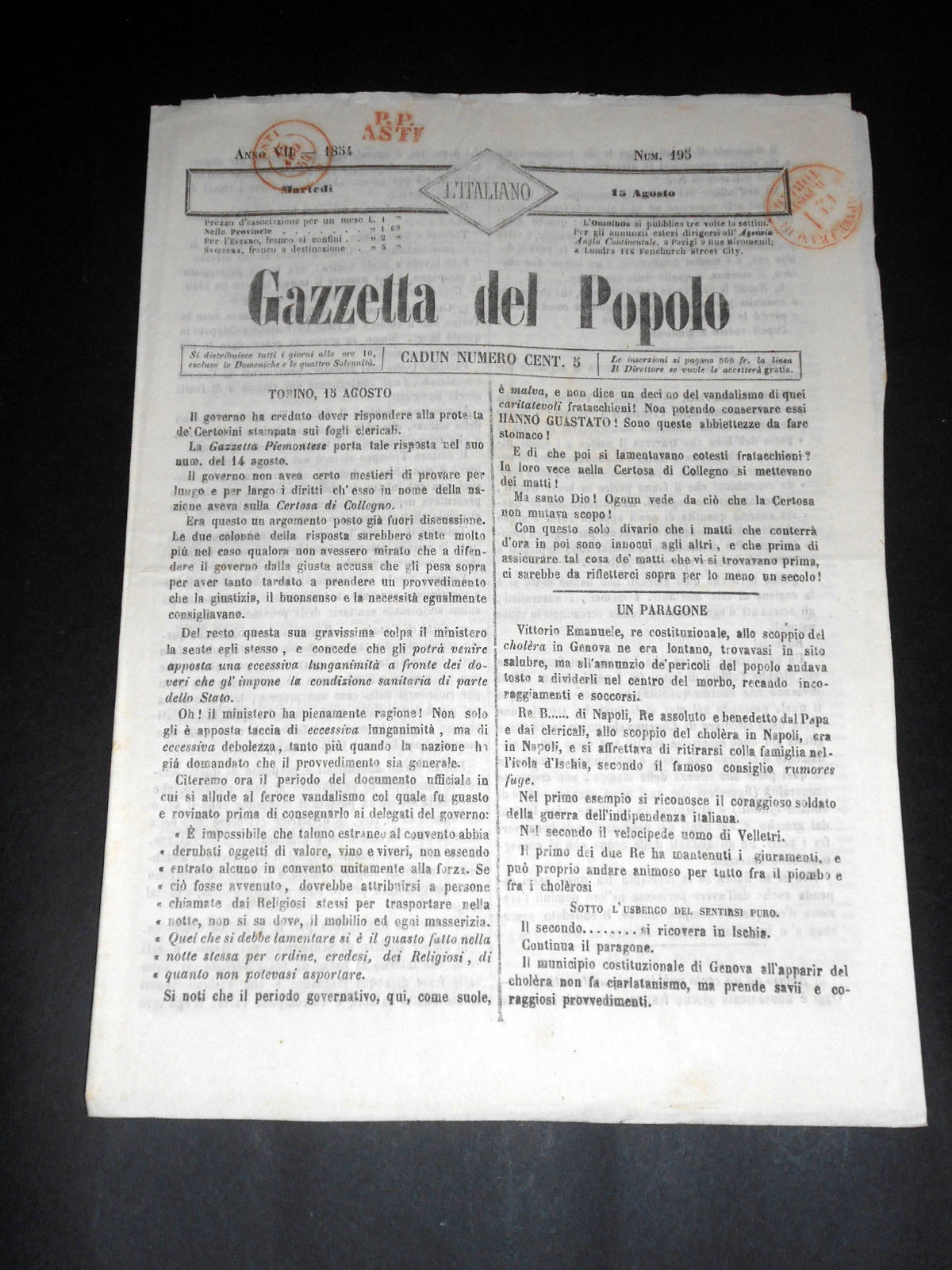 Risorgimento Cavour Torino - Giornale Gazzetta del Popolo n° 195 …