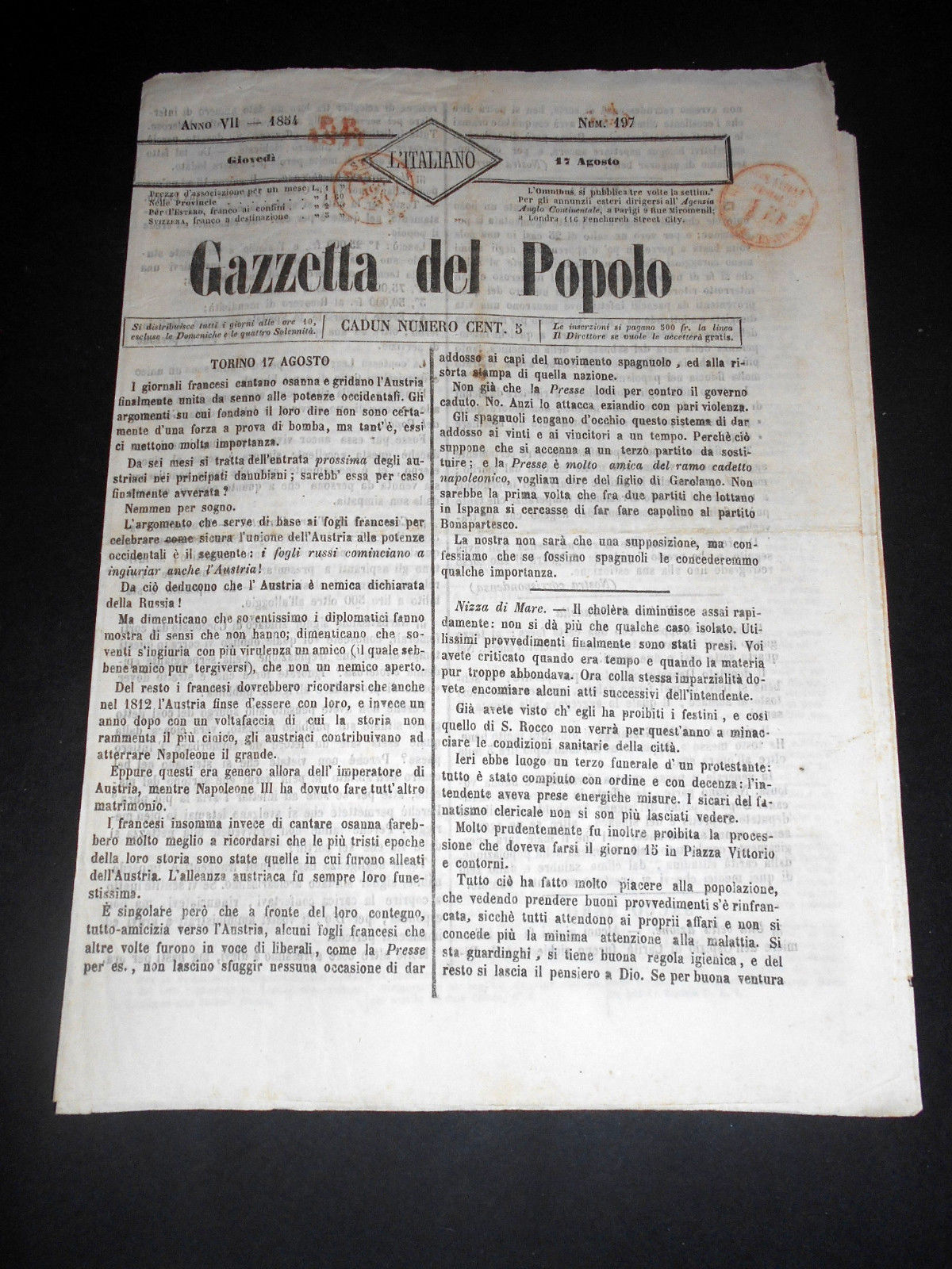 Risorgimento Cavour Torino - Giornale Gazzetta del Popolo n° 197 …