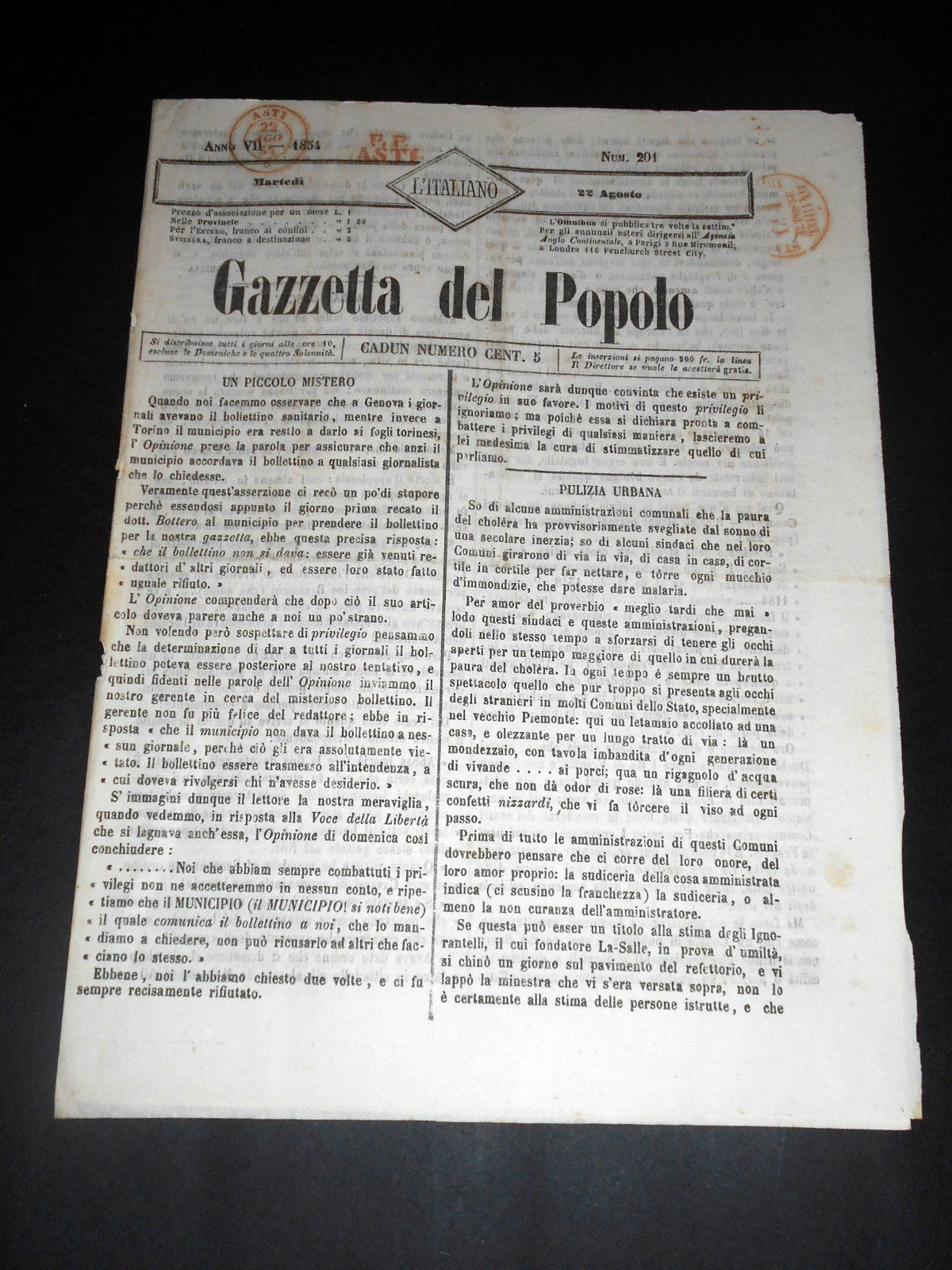 Risorgimento Cavour Torino - Giornale Gazzetta del Popolo n° 201 …