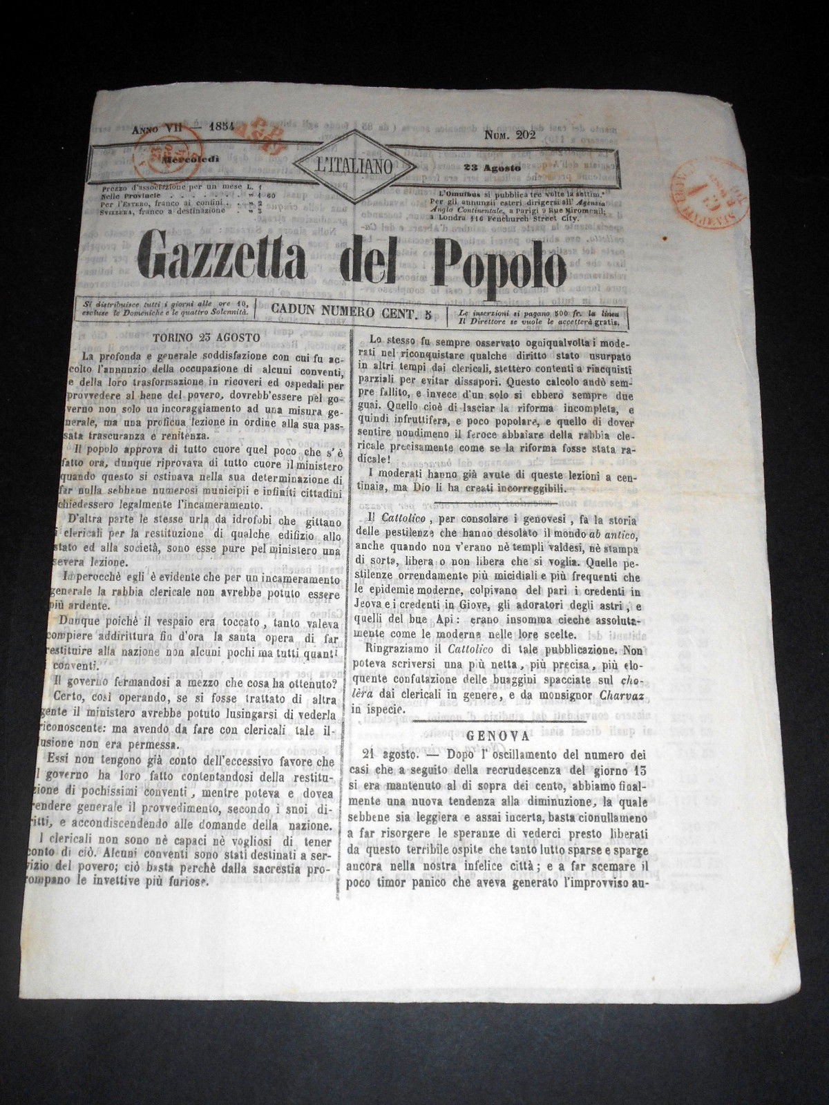 Risorgimento Cavour Torino - Giornale Gazzetta del Popolo n° 202 …