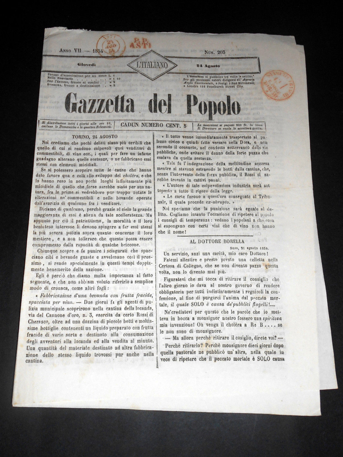 Risorgimento Cavour Torino - Giornale Gazzetta del Popolo n° 203 …