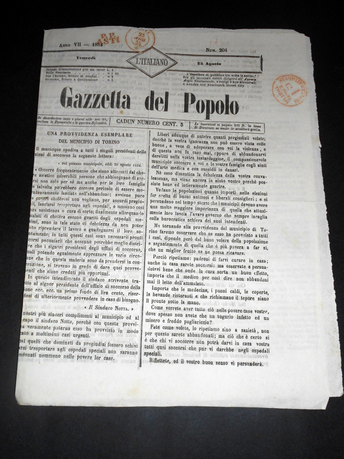 Risorgimento Cavour Torino - Giornale Gazzetta del Popolo n° 204 …