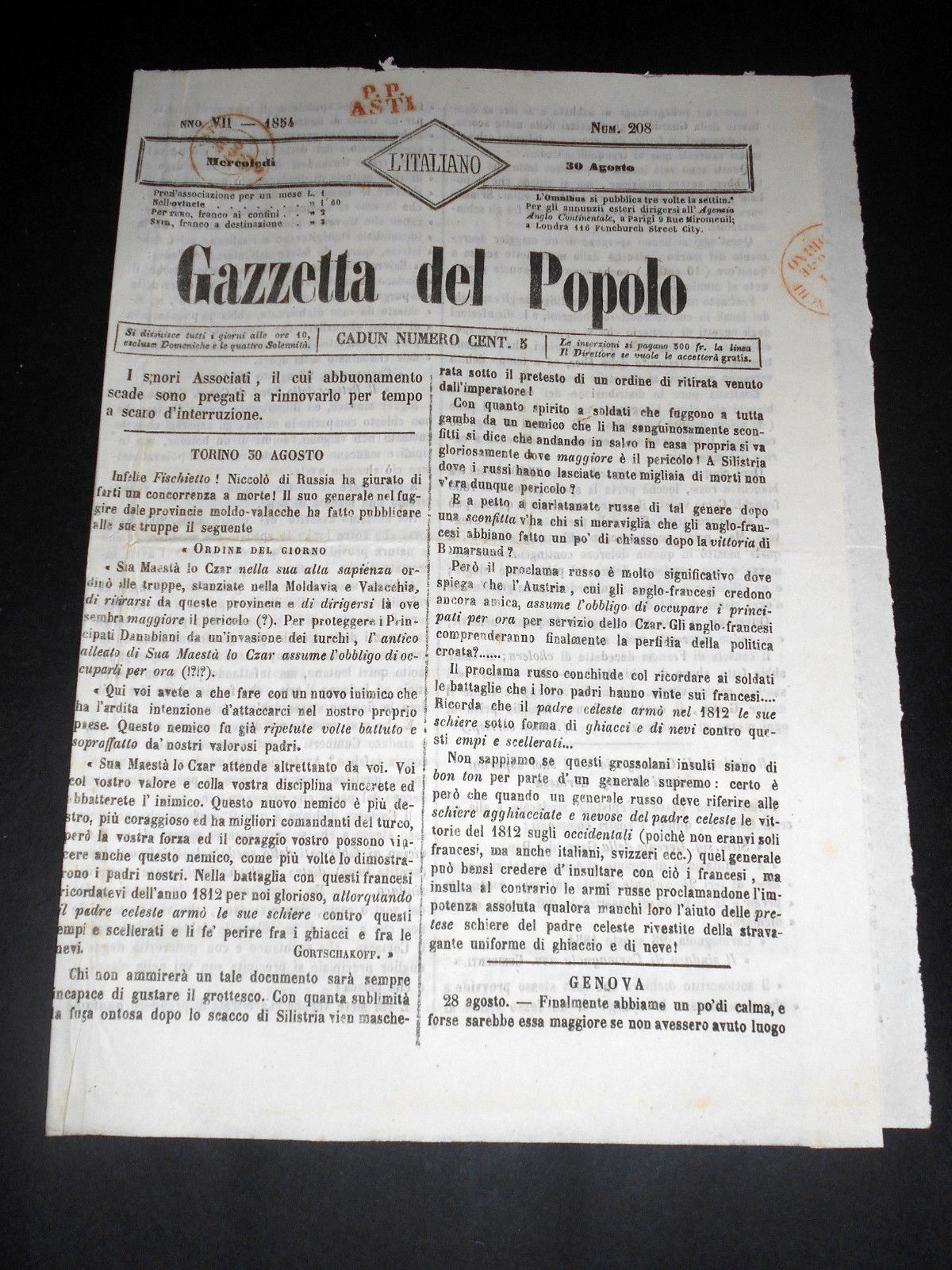Risorgimento Cavour Torino - Giornale Gazzetta del Popolo n° 208 …
