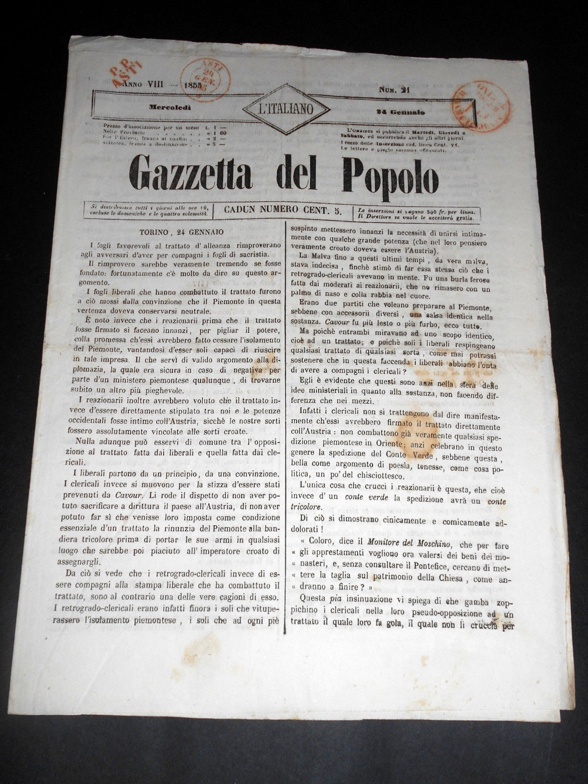 Risorgimento Cavour Torino - Giornale Gazzetta del Popolo n° 21 …
