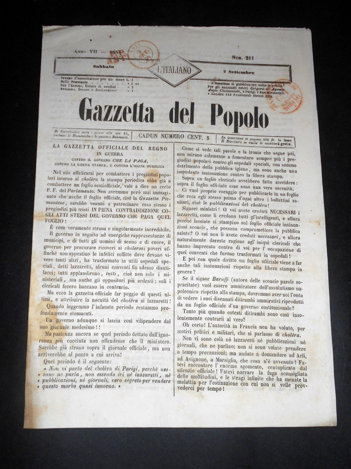 Risorgimento Cavour Torino - Giornale Gazzetta del Popolo n° 211 …