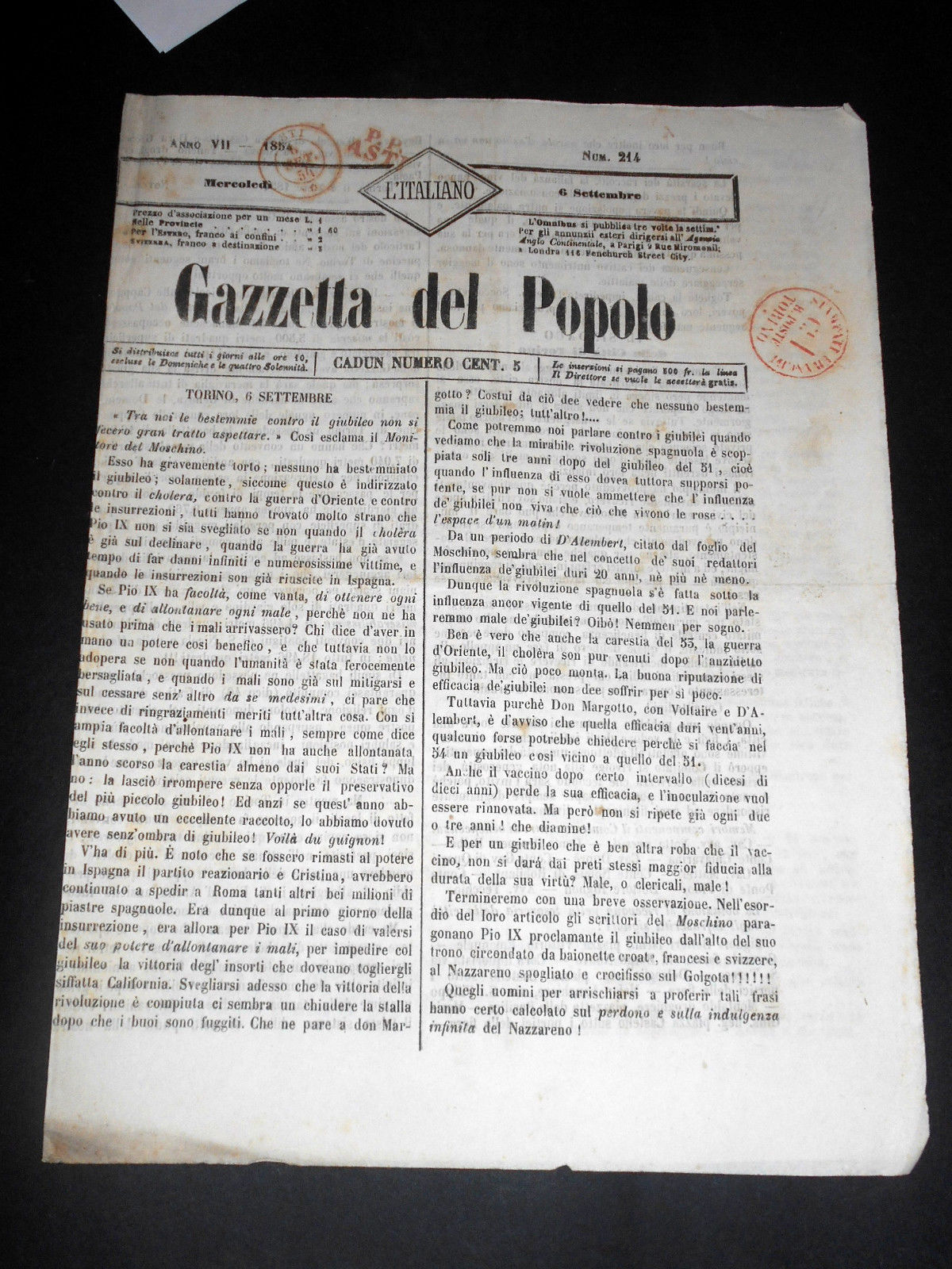 Risorgimento Cavour Torino - Giornale Gazzetta del Popolo n° 214 …