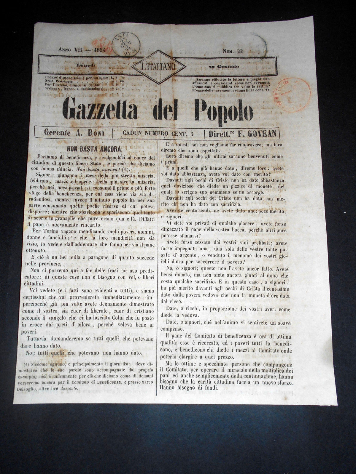 Risorgimento Cavour Torino - Giornale Gazzetta del Popolo n° 22 …