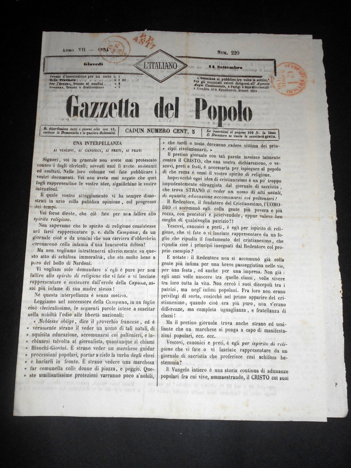 Risorgimento Cavour Torino - Giornale Gazzetta del Popolo n° 220 …