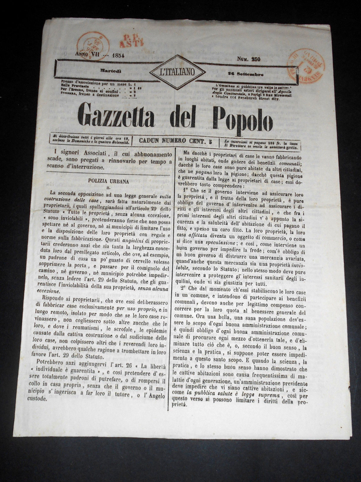 Risorgimento Cavour Torino - Giornale Gazzetta del Popolo n° 230 …