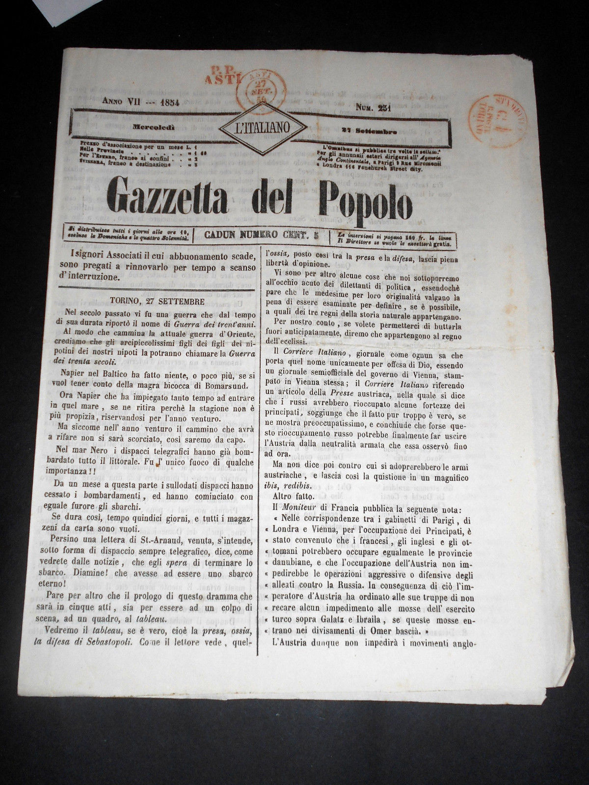 Risorgimento Cavour Torino - Giornale Gazzetta del Popolo n° 231 …