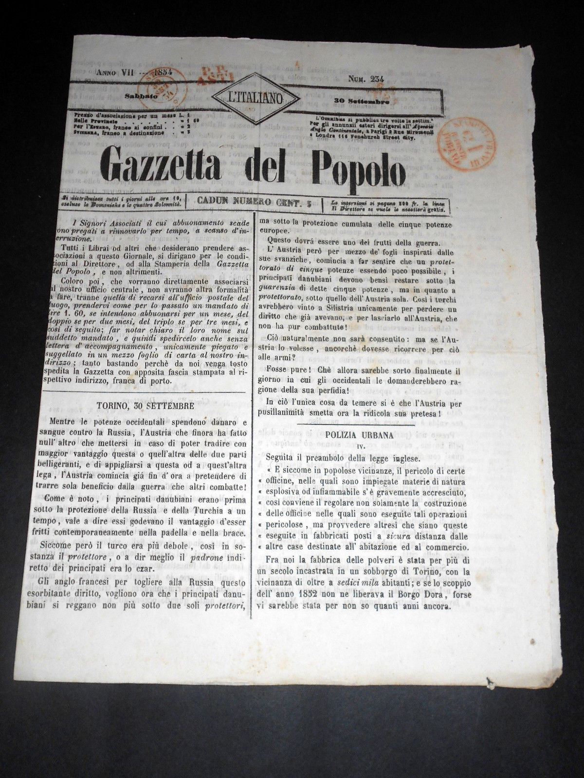 Risorgimento Cavour Torino - Giornale Gazzetta del Popolo n° 234 …