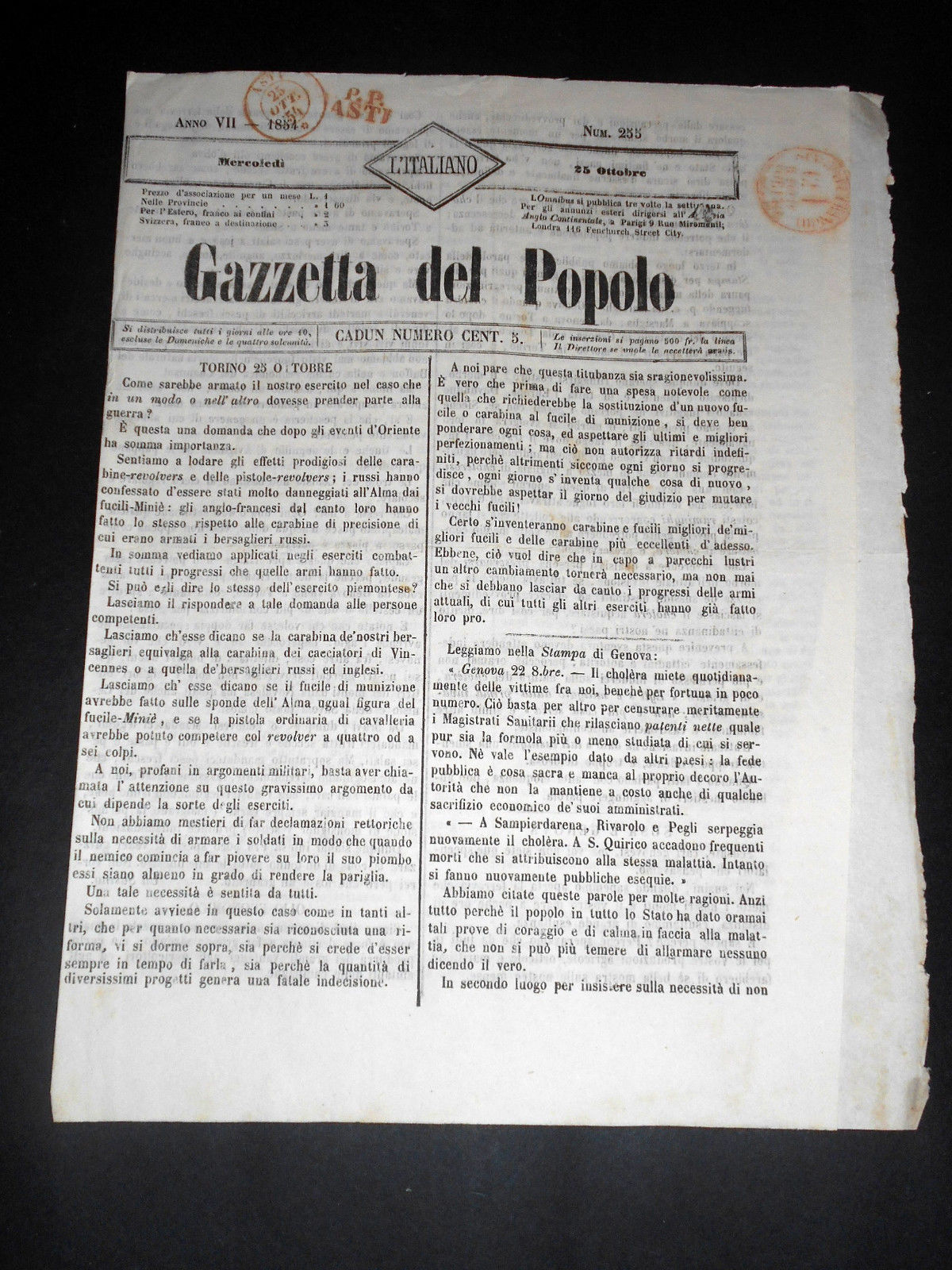 Risorgimento Cavour Torino - Giornale Gazzetta del Popolo n° 255 …