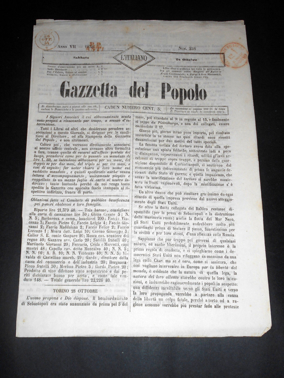 Risorgimento Cavour Torino - Giornale Gazzetta del Popolo n° 258 …