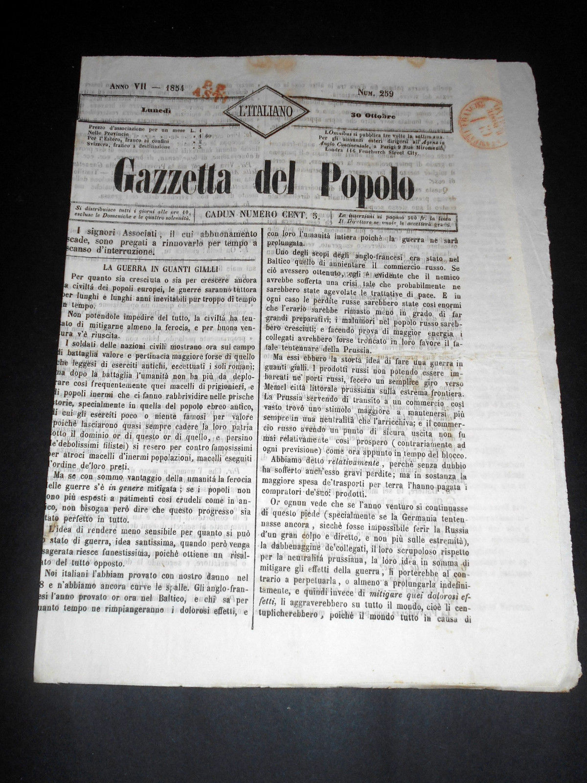 Risorgimento Cavour Torino - Giornale Gazzetta del Popolo n° 259 …