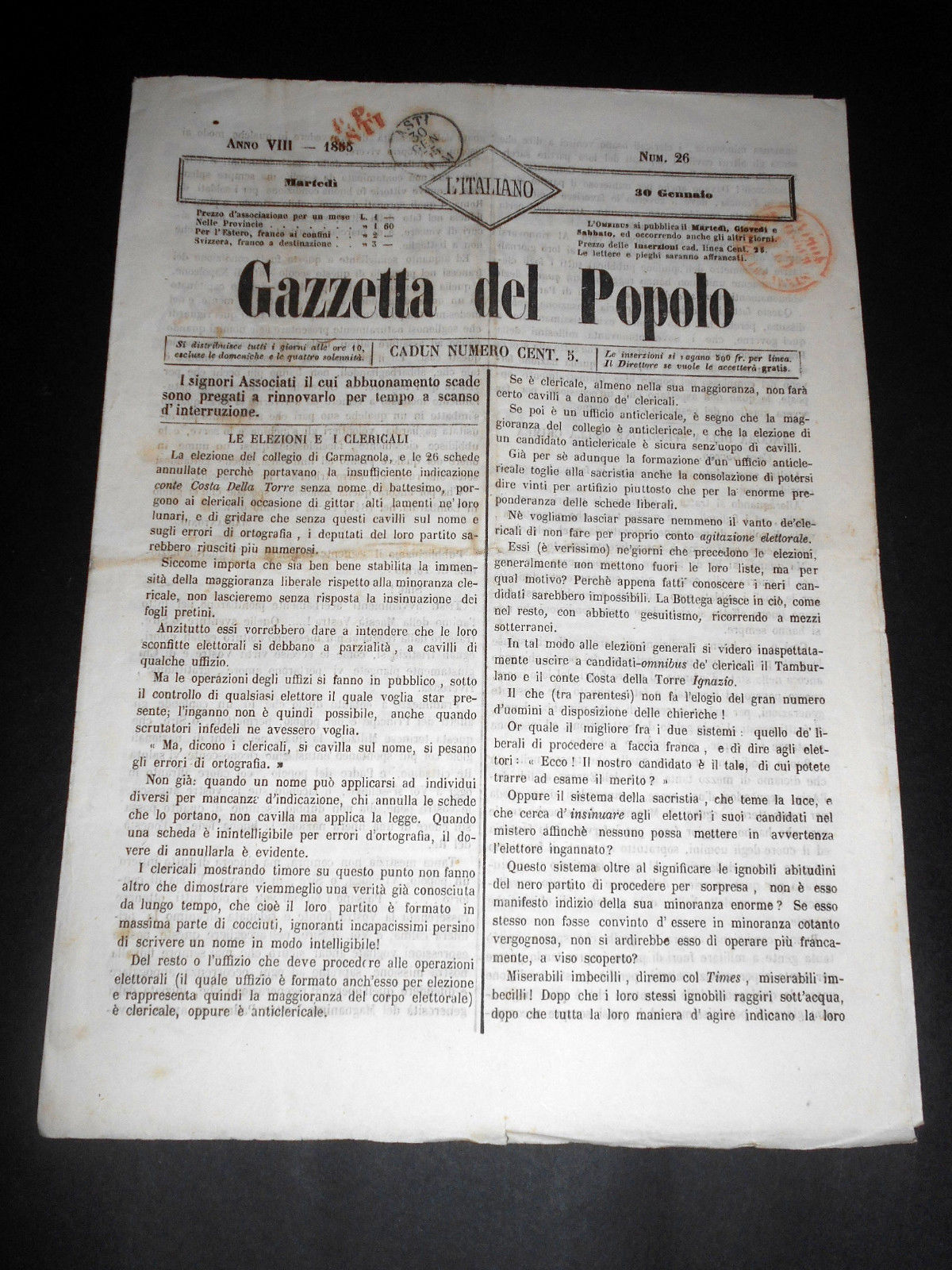 Risorgimento Cavour Torino - Giornale Gazzetta del Popolo n° 26 …