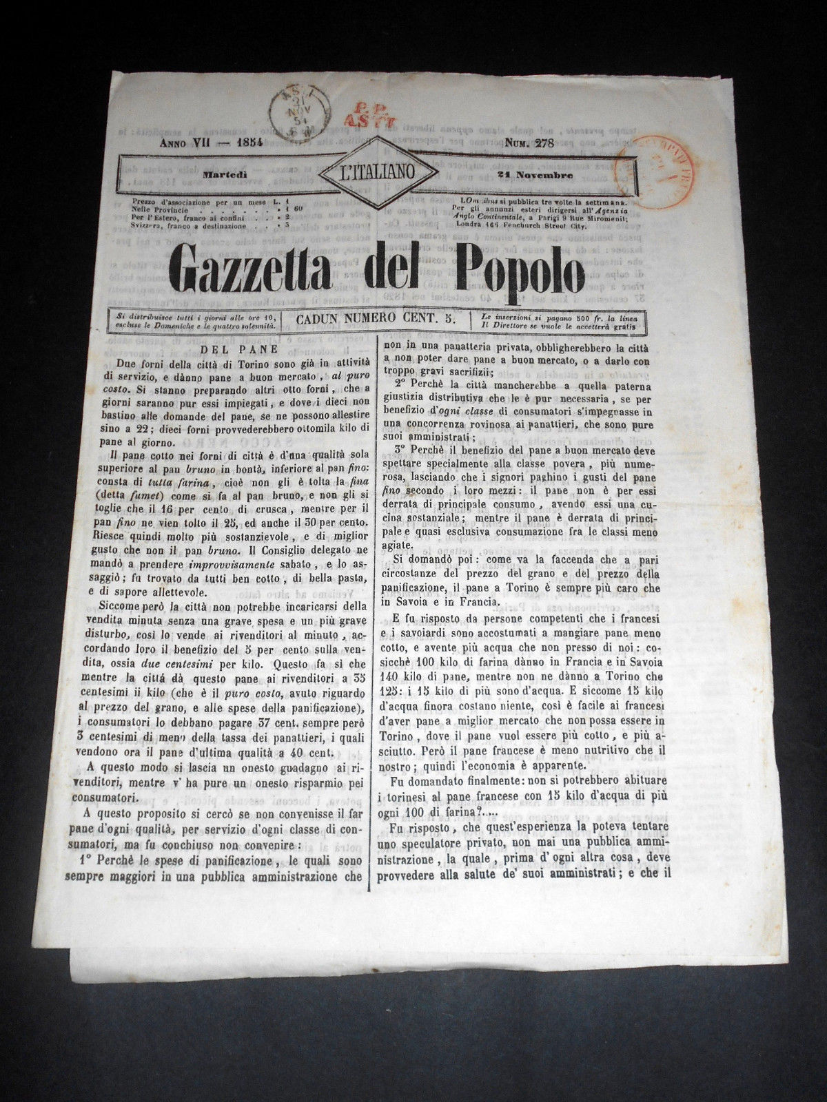Risorgimento Cavour Torino - Giornale Gazzetta del Popolo n° 278 …