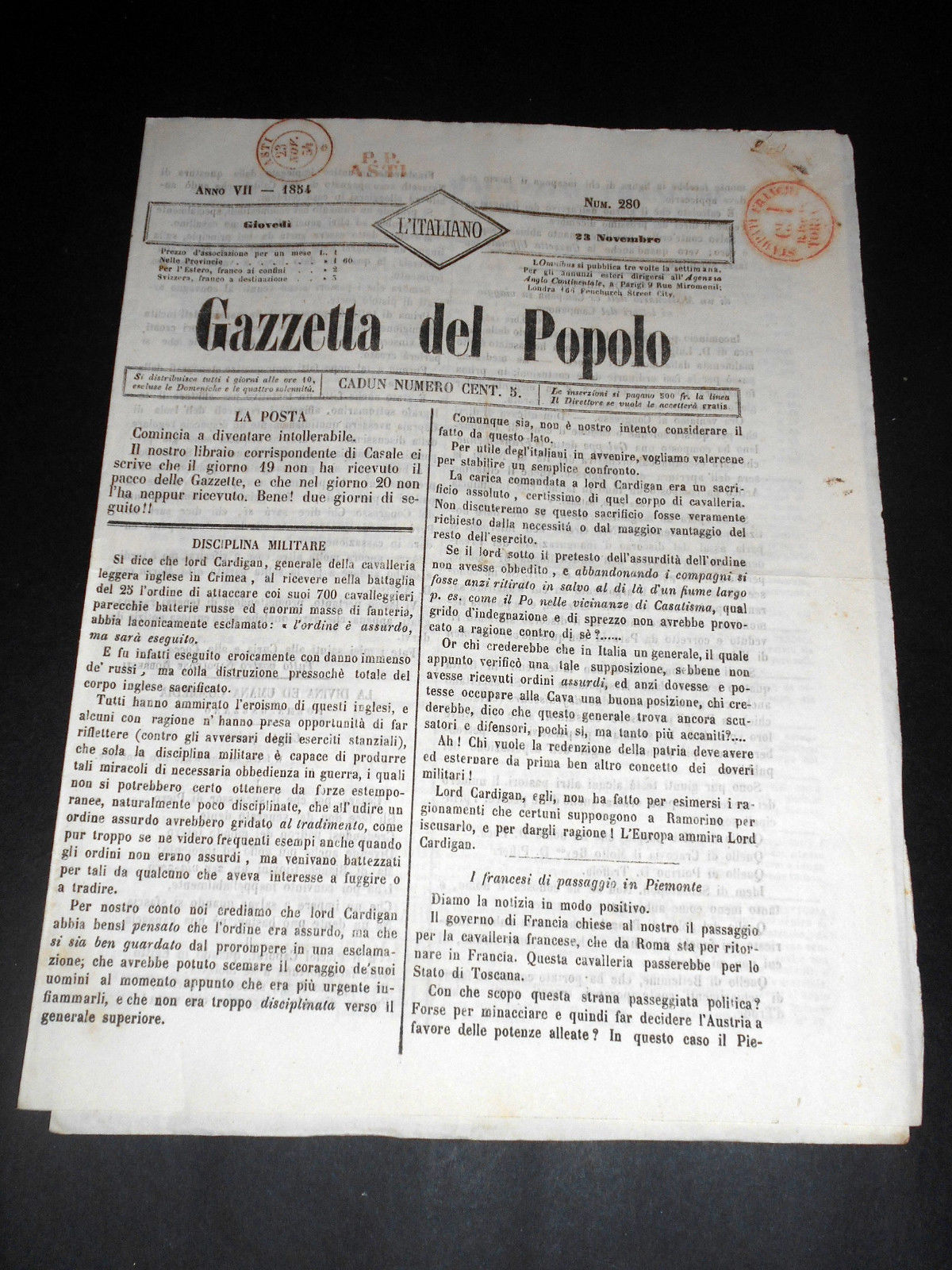 Risorgimento Cavour Torino - Giornale Gazzetta del Popolo n° 280 …