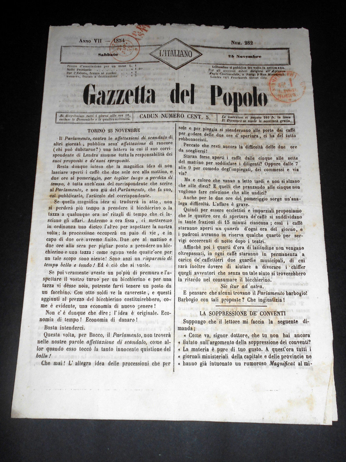 Risorgimento Cavour Torino - Giornale Gazzetta del Popolo n° 282 …