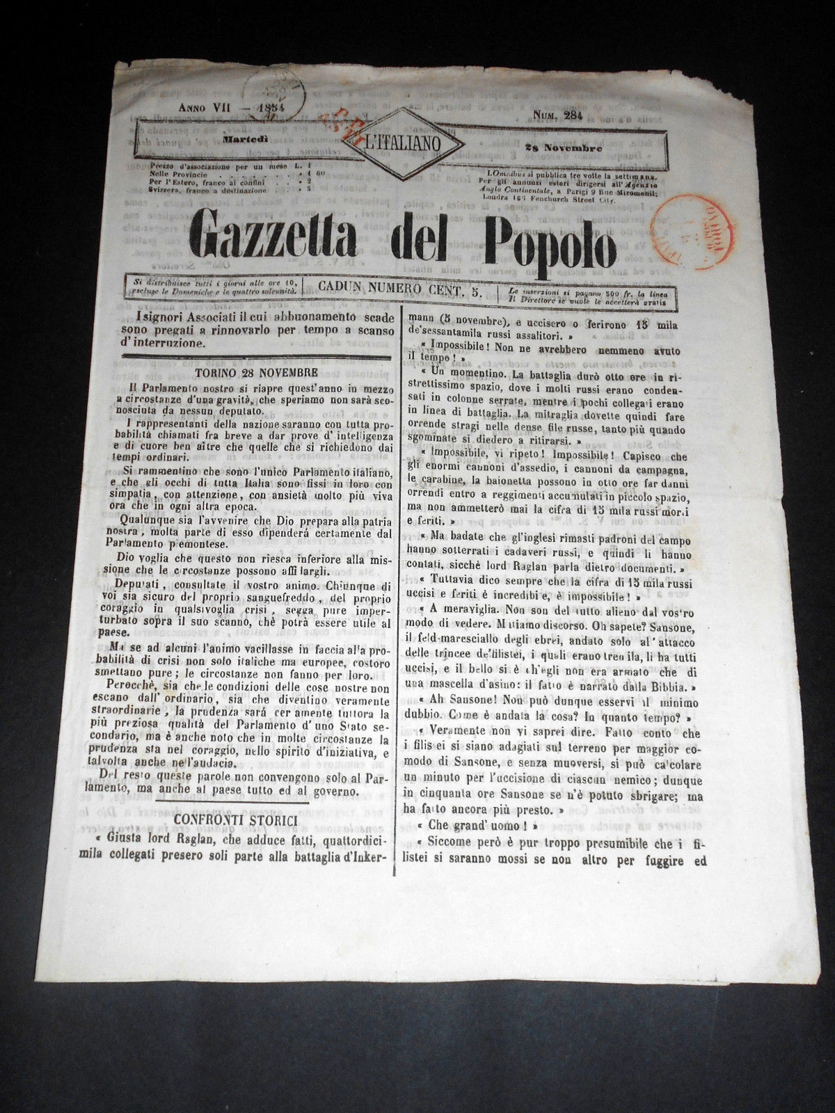Risorgimento Cavour Torino - Giornale Gazzetta del Popolo n° 284 …