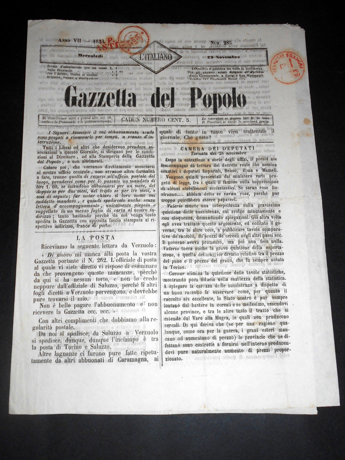 Risorgimento Cavour Torino - Giornale Gazzetta del Popolo n° 285 …