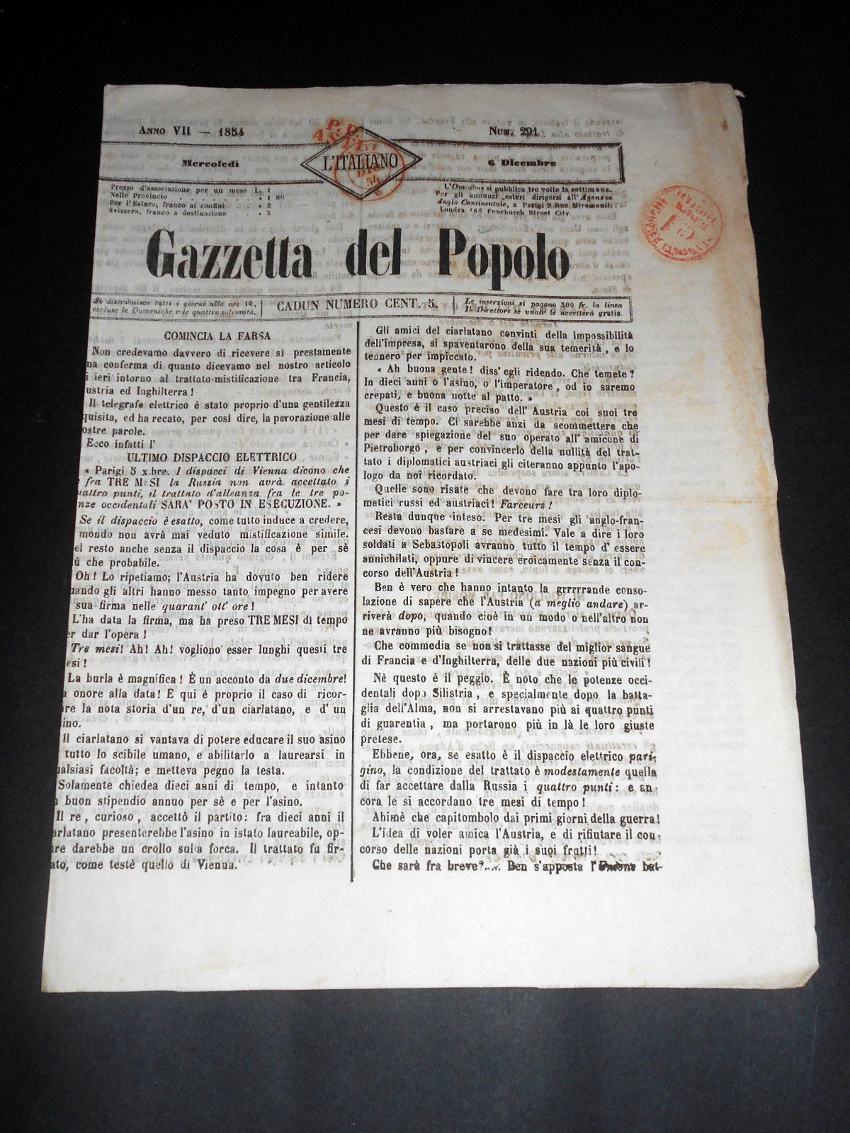 Risorgimento Cavour Torino - Giornale Gazzetta del Popolo n° 291 …