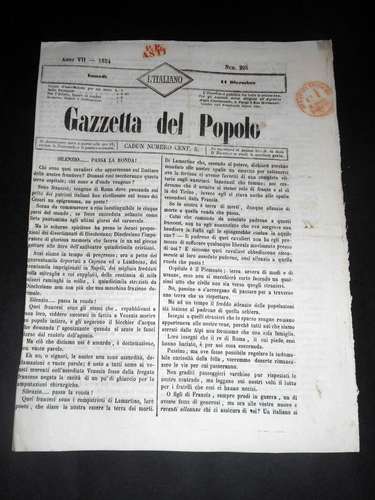 Risorgimento Cavour Torino - Giornale Gazzetta del Popolo n° 295 …