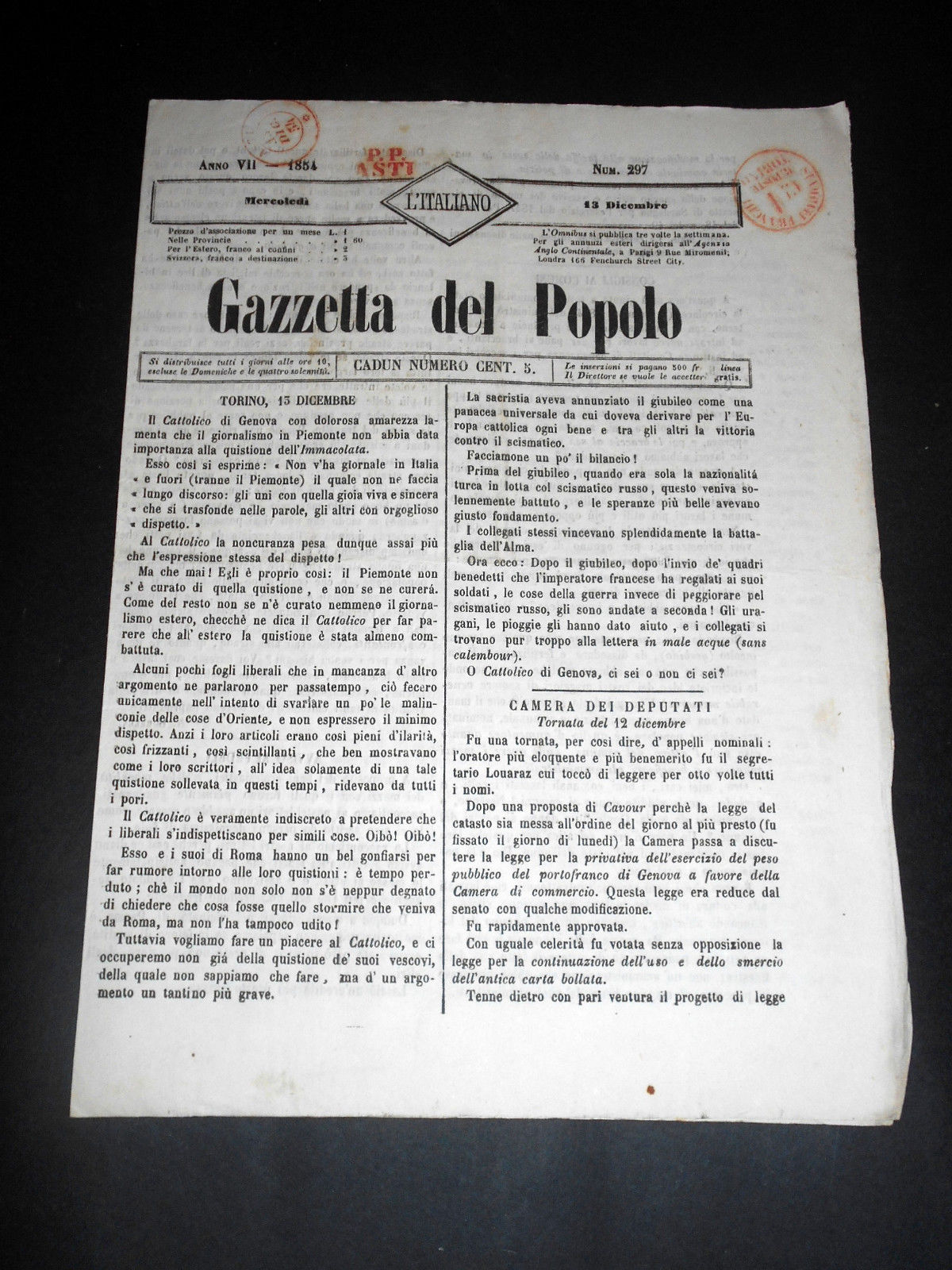 Risorgimento Cavour Torino - Giornale Gazzetta del Popolo n° 297 …
