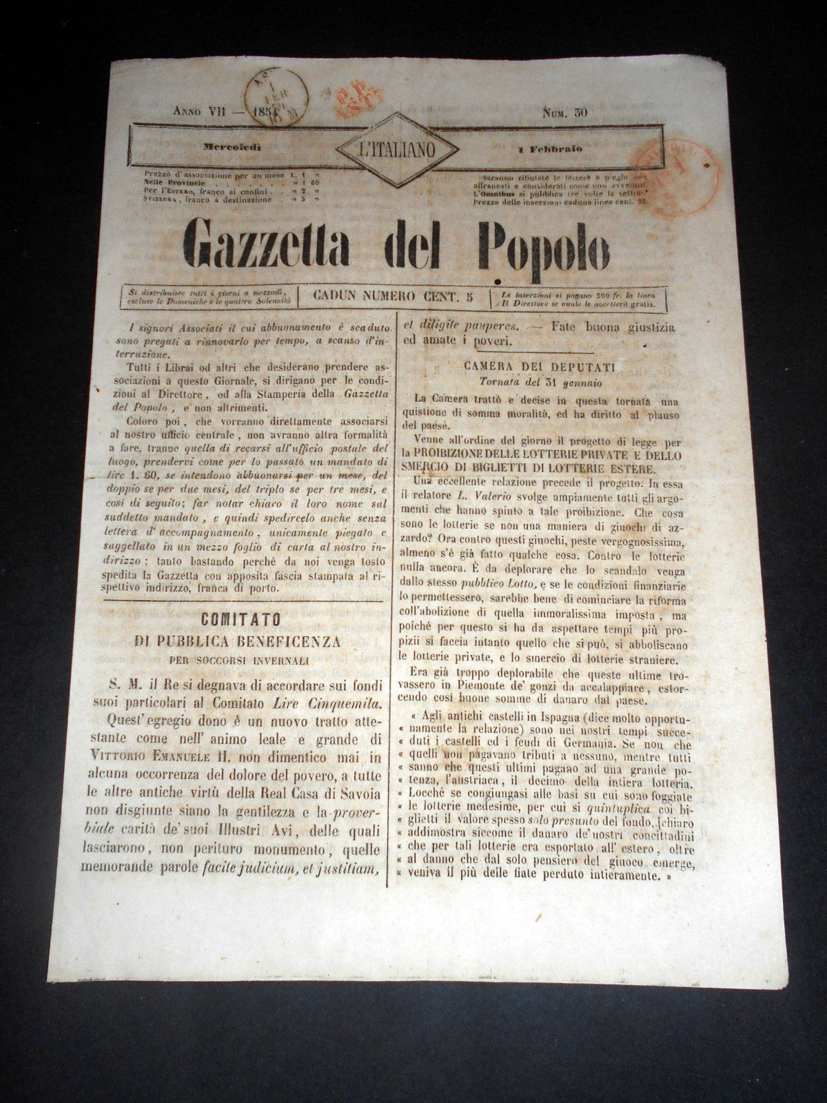 Risorgimento Cavour Torino - Giornale Gazzetta del Popolo n° 30 …