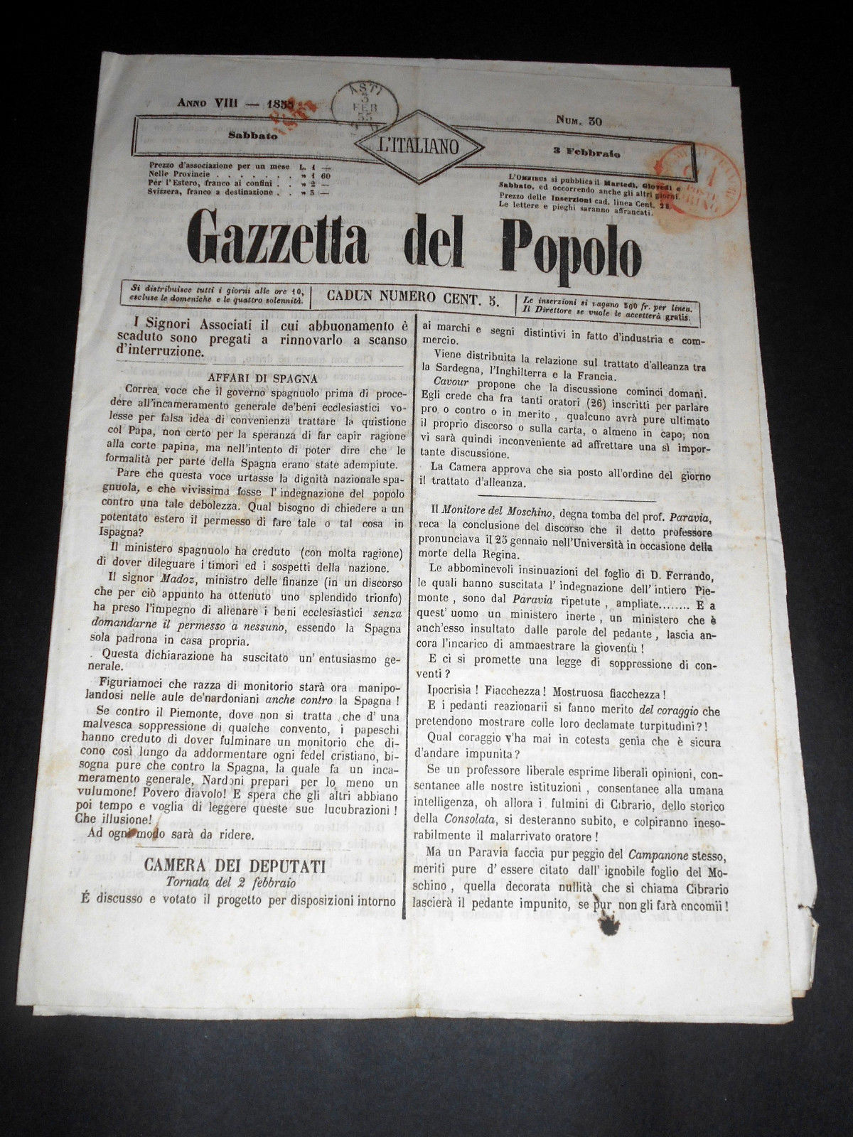 Risorgimento Cavour Torino - Giornale Gazzetta del Popolo n° 30 …