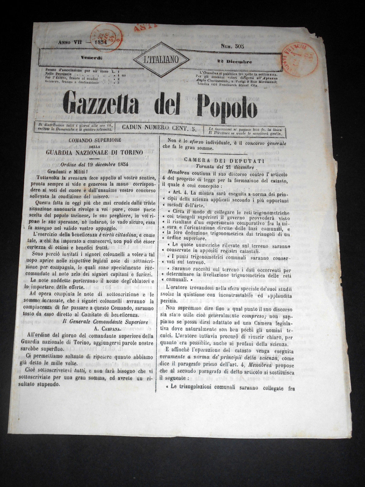 Risorgimento Cavour Torino - Giornale Gazzetta del Popolo n° 305 …