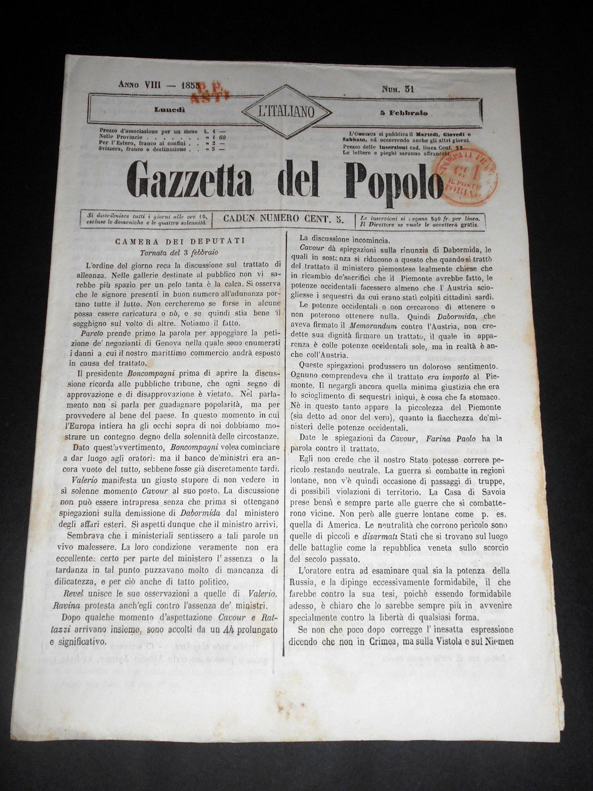 Risorgimento Cavour Torino - Giornale Gazzetta del Popolo n° 31 …