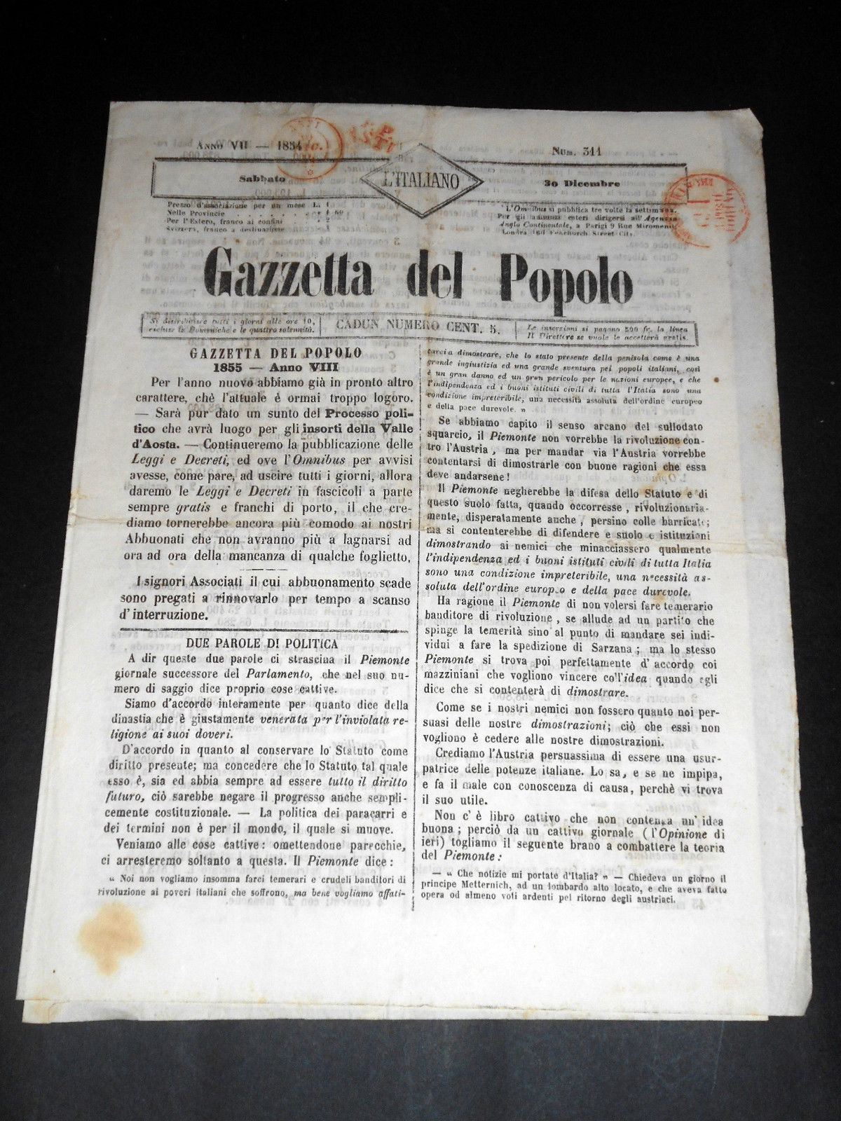 Risorgimento Cavour Torino - Giornale Gazzetta del Popolo n° 311 …