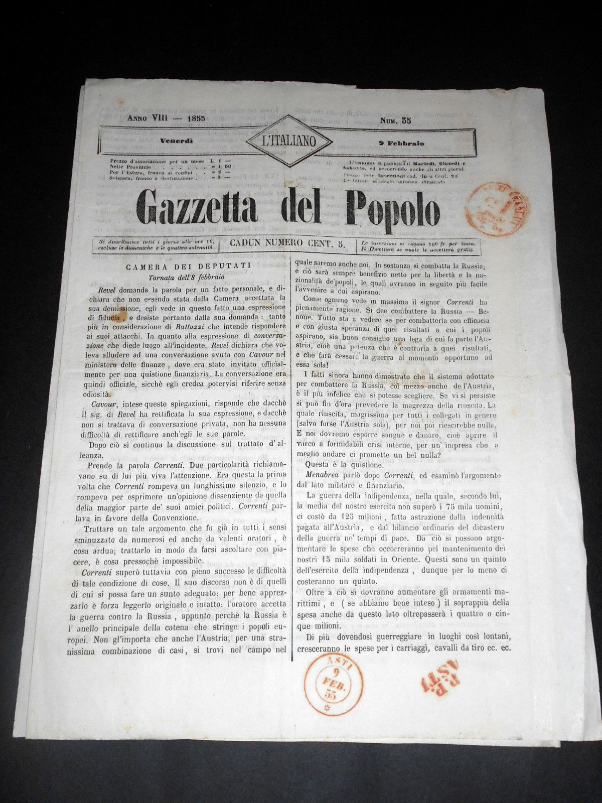 Risorgimento Cavour Torino - Giornale Gazzetta del Popolo n° 35 …