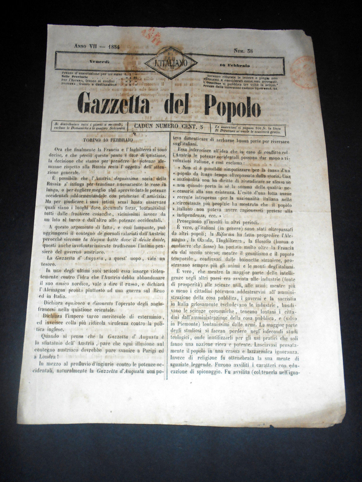 Risorgimento Cavour Torino - Giornale Gazzetta del Popolo n° 38 …