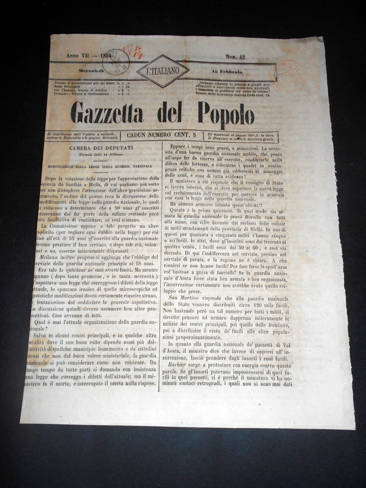 Risorgimento Cavour Torino - Giornale Gazzetta del Popolo n° 42 …