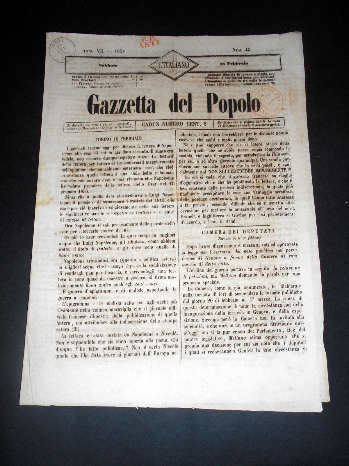 Risorgimento Cavour Torino - Giornale Gazzetta del Popolo n° 45 …
