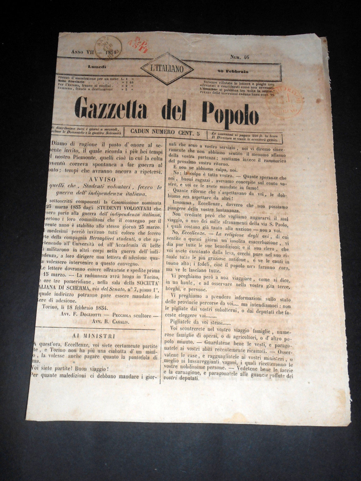 Risorgimento Cavour Torino - Giornale Gazzetta del Popolo n° 46 …