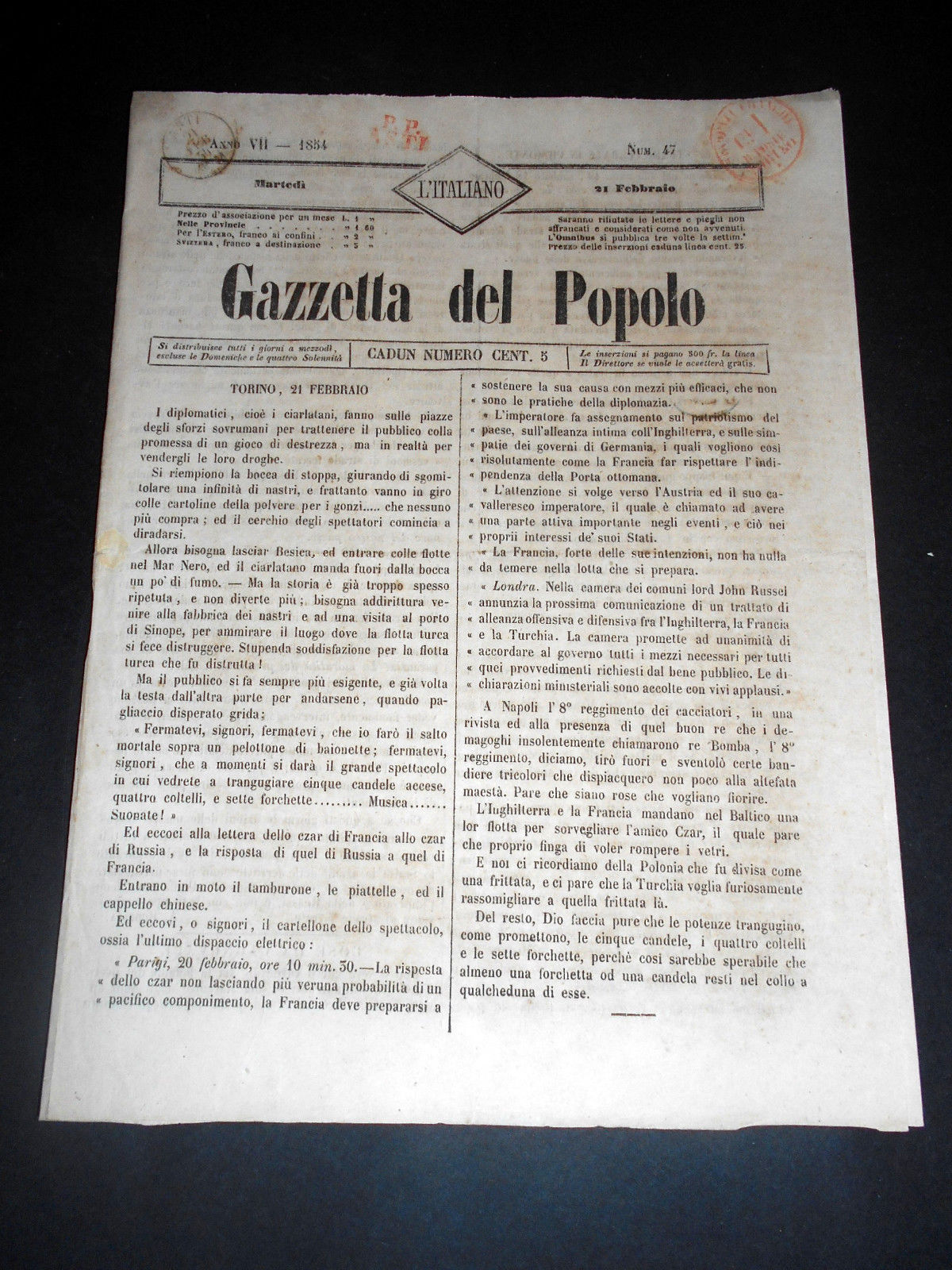 Risorgimento Cavour Torino - Giornale Gazzetta del Popolo n° 47 …