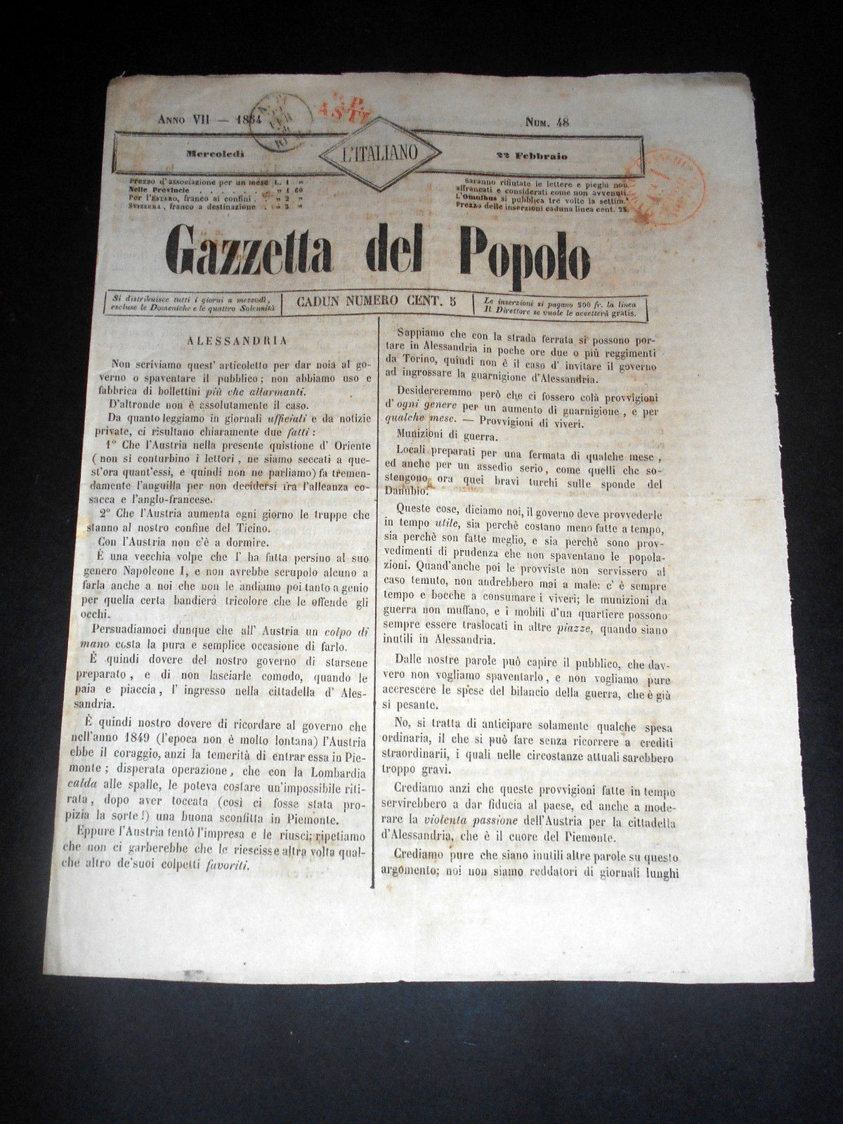 Risorgimento Cavour Torino - Giornale Gazzetta del Popolo n° 48 …