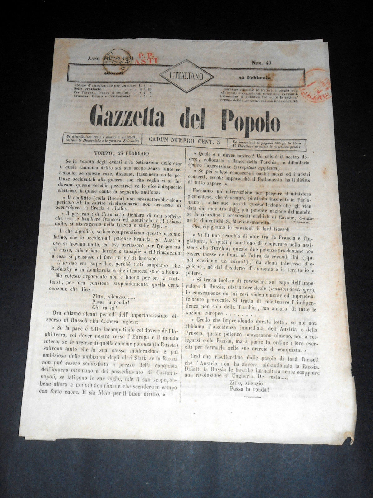 Risorgimento Cavour Torino - Giornale Gazzetta del Popolo n° 49 …