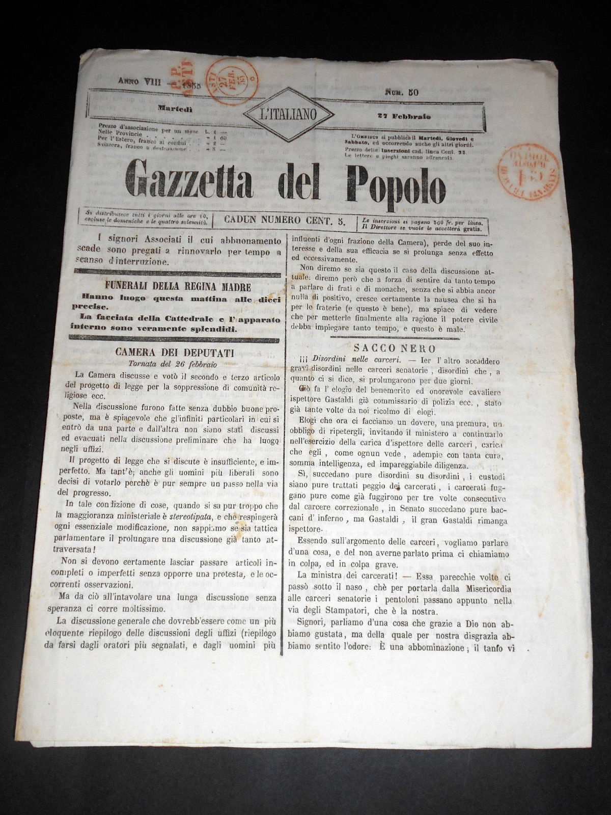 Risorgimento Cavour Torino - Giornale Gazzetta del Popolo n° 50 …