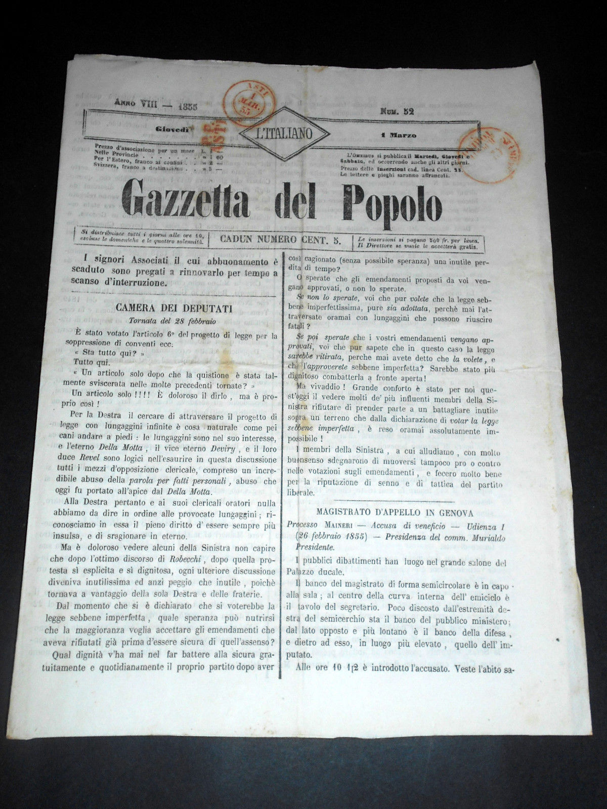 Risorgimento Cavour Torino - Giornale Gazzetta del Popolo n° 52 …