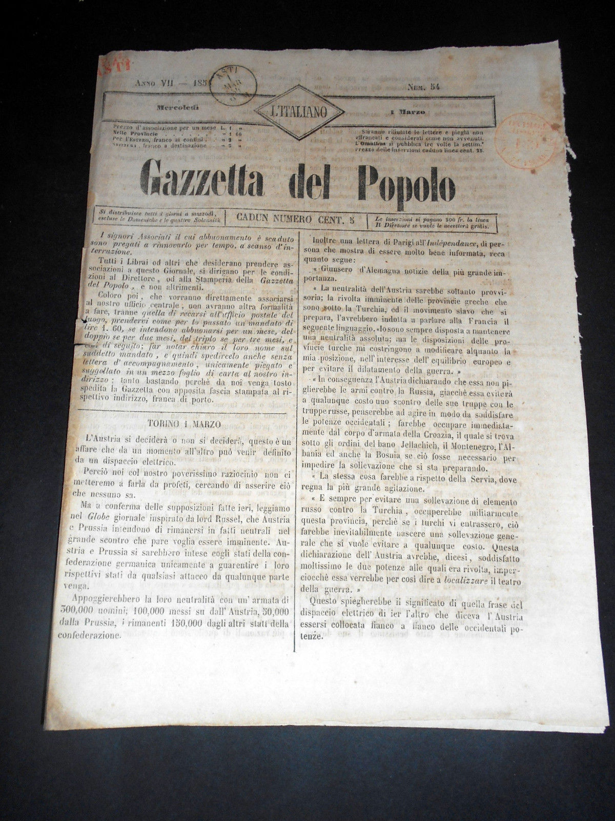 Risorgimento Cavour Torino - Giornale Gazzetta del Popolo n° 54 …