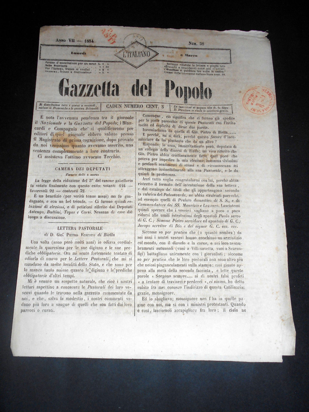 Risorgimento Cavour Torino - Giornale Gazzetta del Popolo n° 58 …