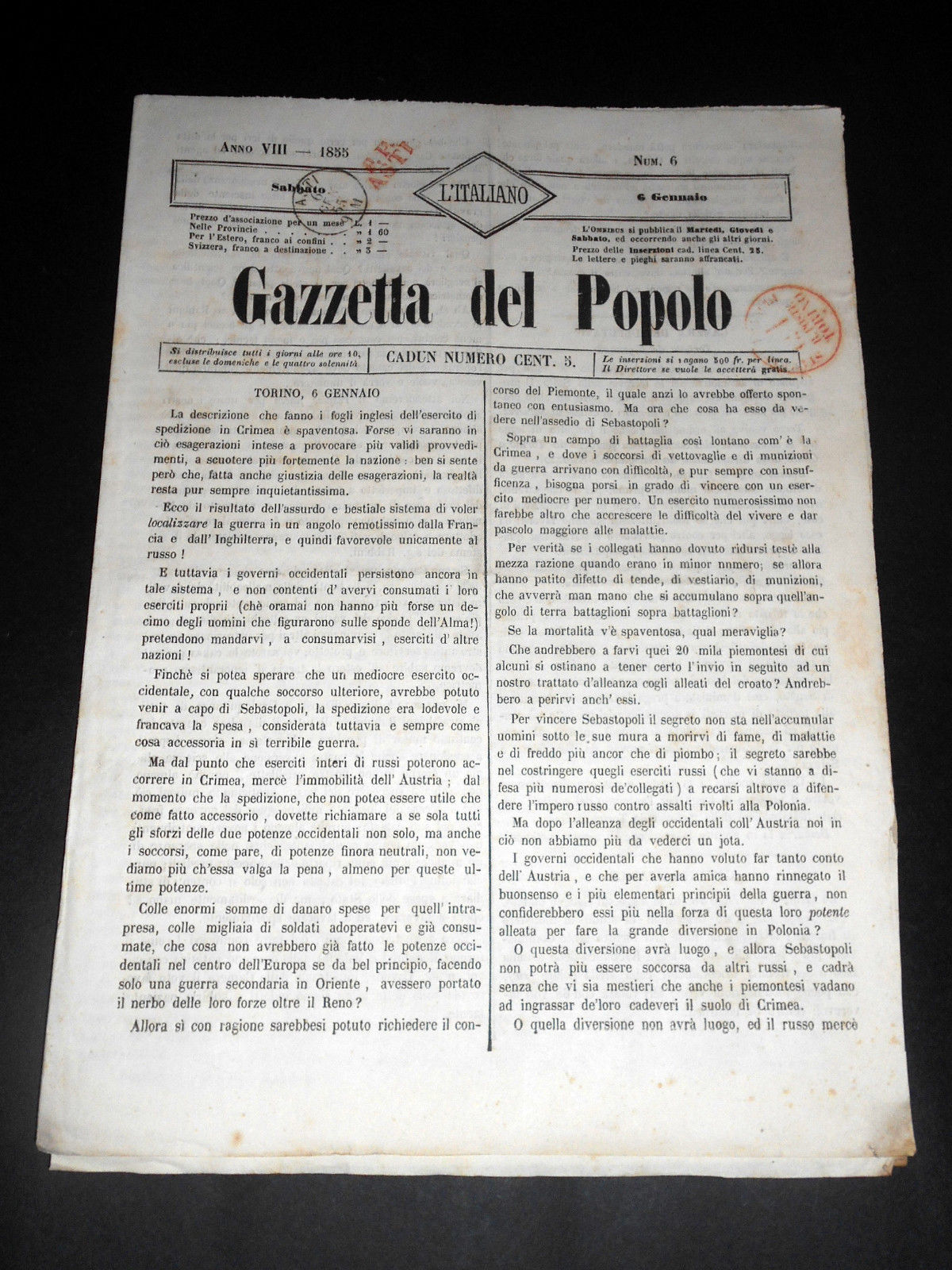 Risorgimento Cavour Torino - Giornale Gazzetta del Popolo n° 6 …