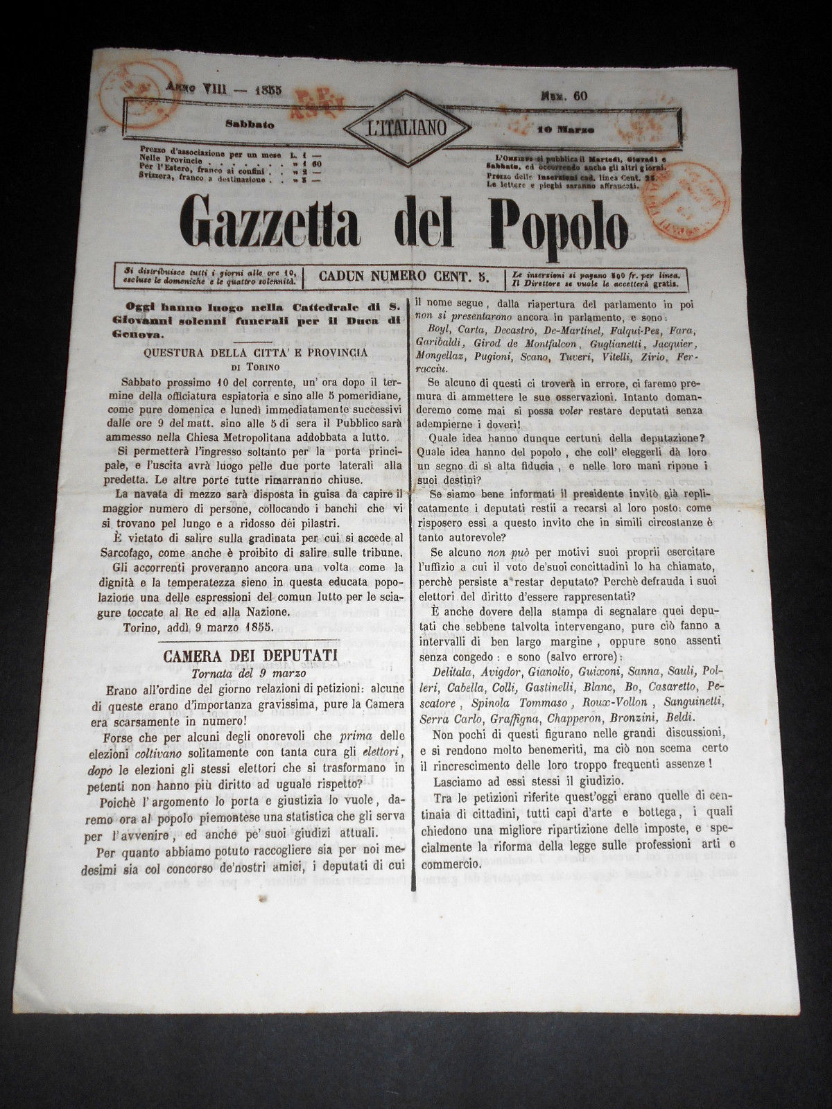 Risorgimento Cavour Torino - Giornale Gazzetta del Popolo n° 60 …