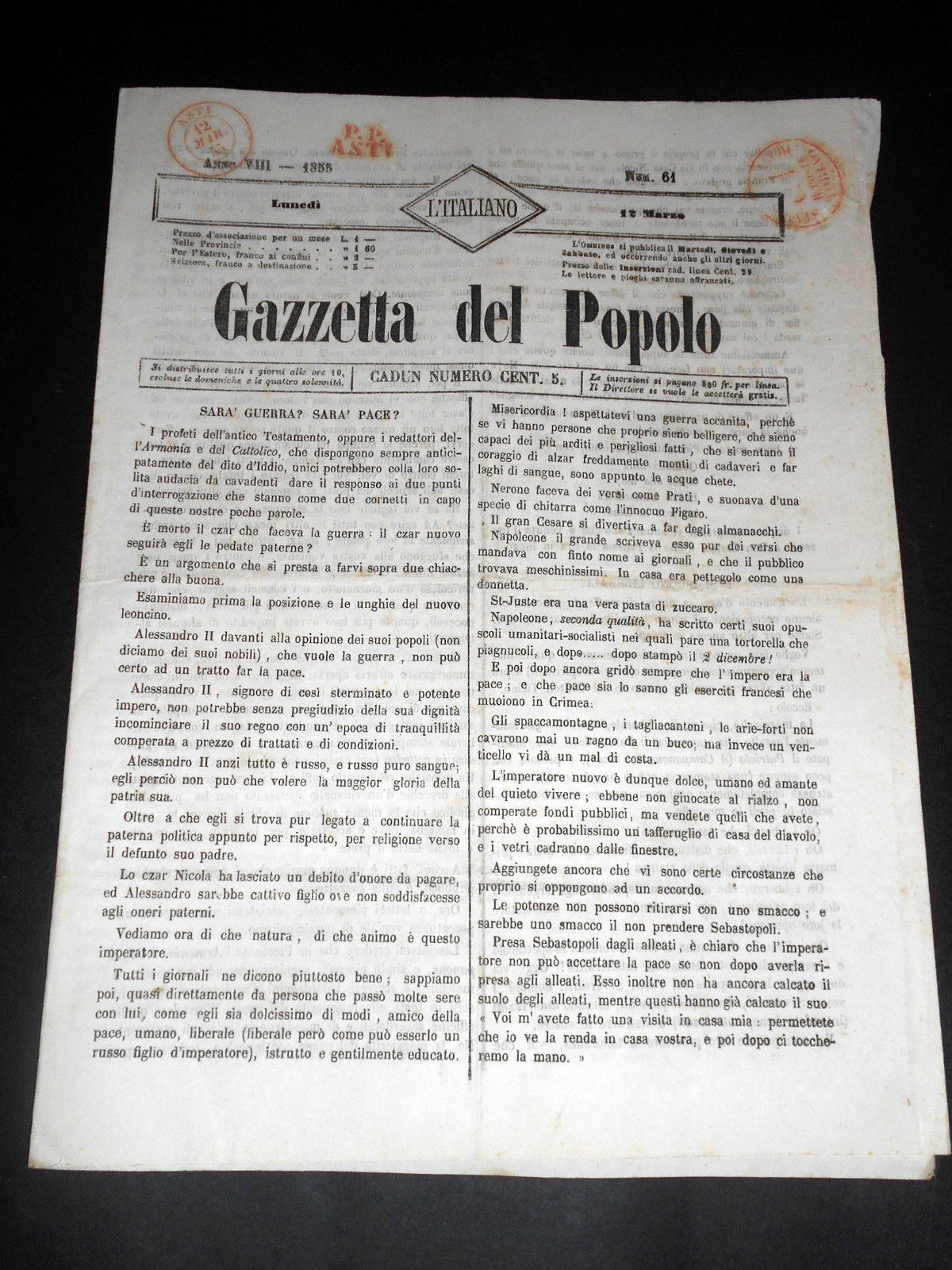 Risorgimento Cavour Torino - Giornale Gazzetta del Popolo n° 61 …