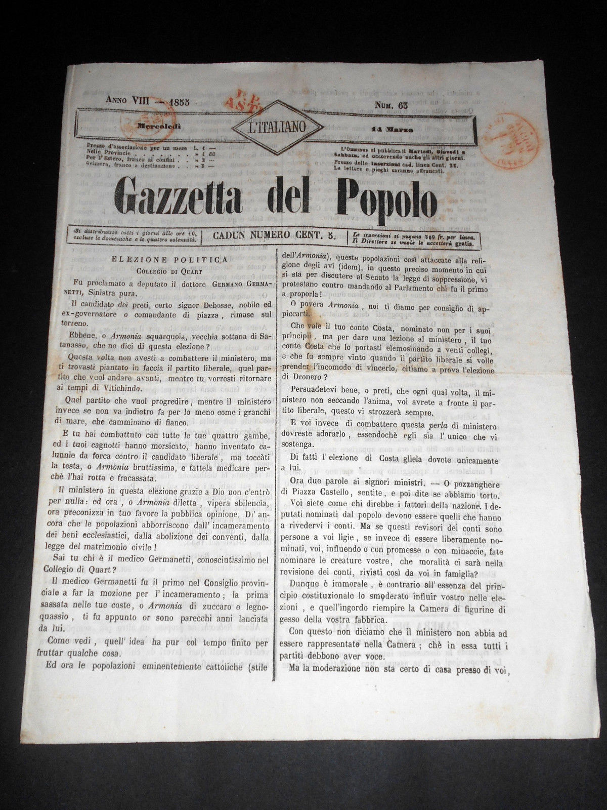 Risorgimento Cavour Torino - Giornale Gazzetta del Popolo n° 63 …