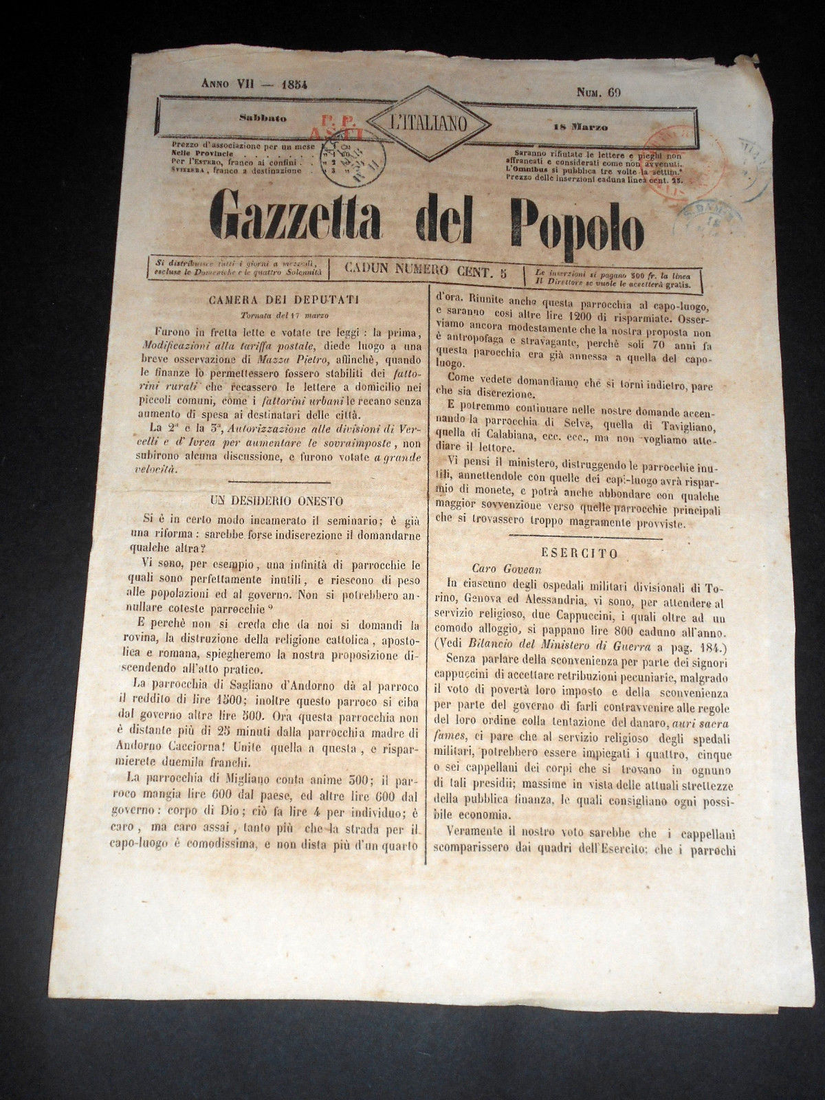 Risorgimento Cavour Torino - Giornale Gazzetta del Popolo n° 69 …